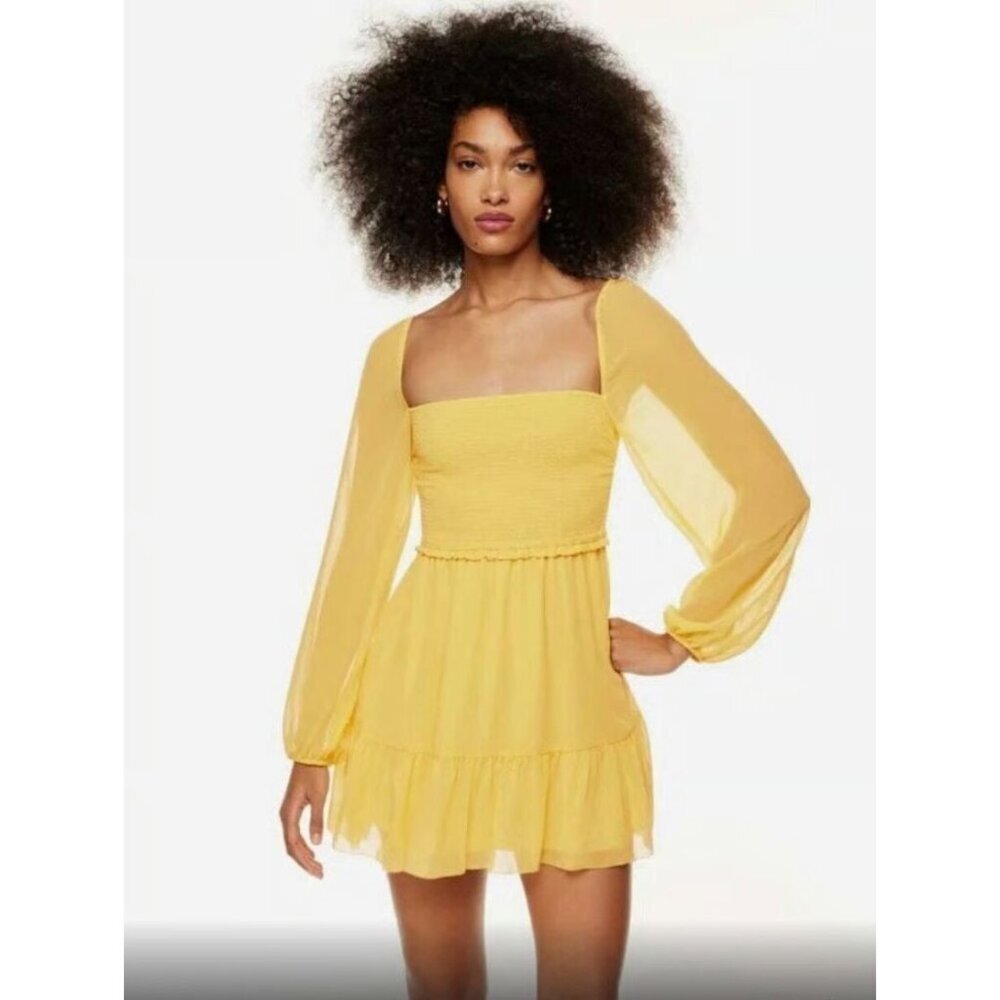 Aritzia Wilfred Tempest Mini Dress in Yellow Size Small Long Sleeve Squareneck - Picture 1 of 7